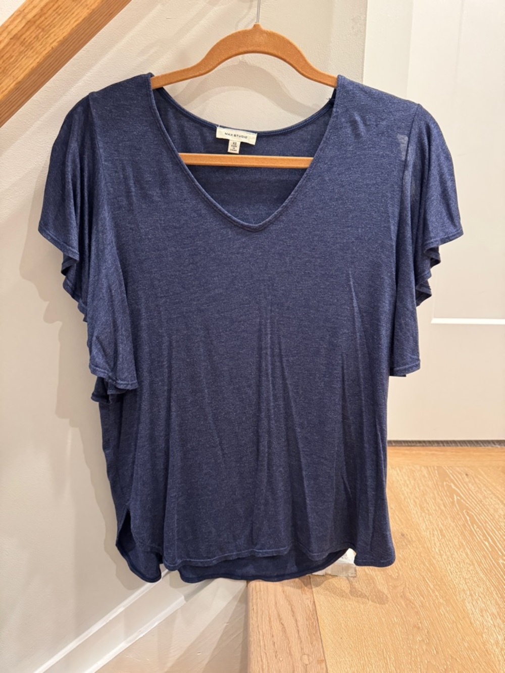 Max Studio Navy V-Neck Flutter/Split  Sleeve Top, Size XS